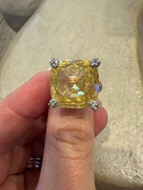 Judith Ripka Yellow canary crystal ring. Size 5.25. In Silver with sapphires